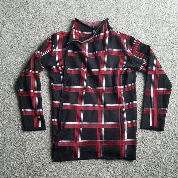 Jones NY waterfall open front red and black plaid cardigan with pockets - Picture 4 of 13